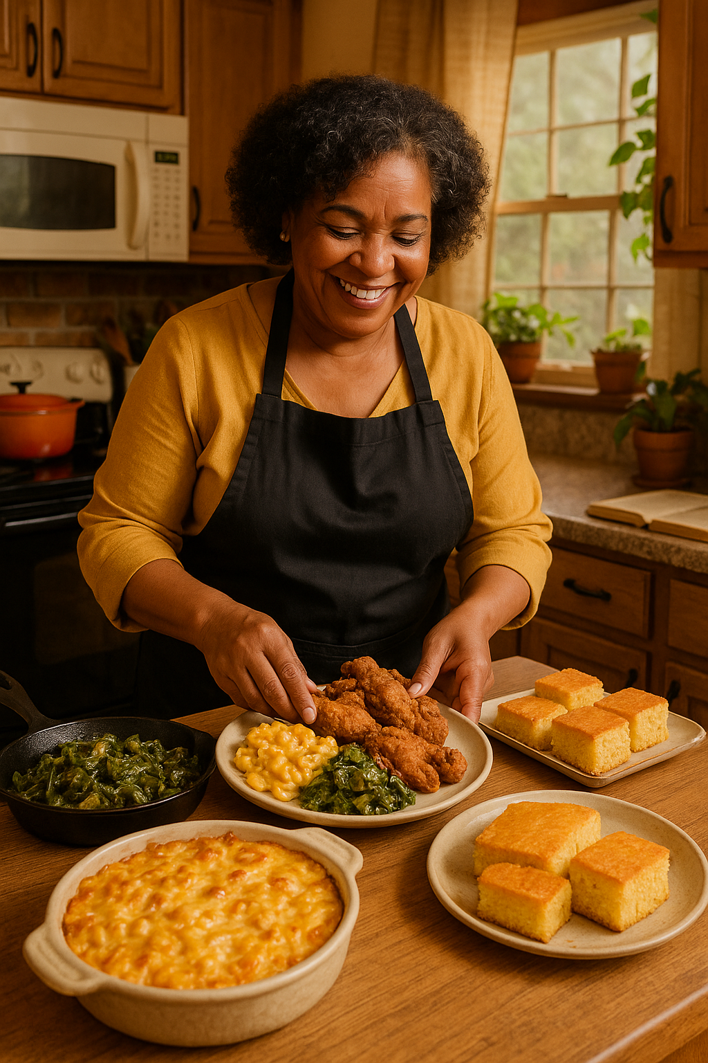 Personal chef plating soul food in a cozy Southern kitchen in Charlotte, NC